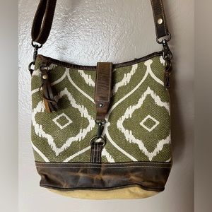 Myra Bag Canvas Leather Crossbody Purse Green Brown
